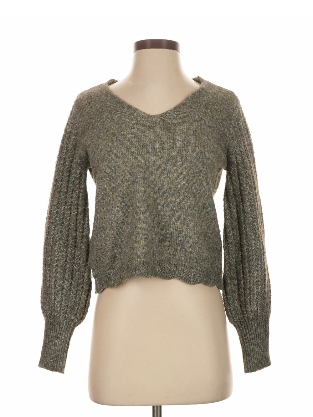 Frye Olive Green V-Neck Cable Sleeve Sweater